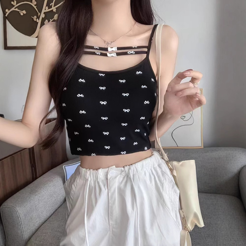 Bow Printed Small Camisole Vest Women's Outer Wear with Chest Pad Thai Jazz Sweet Hot Spice Girl Sexy Short Top