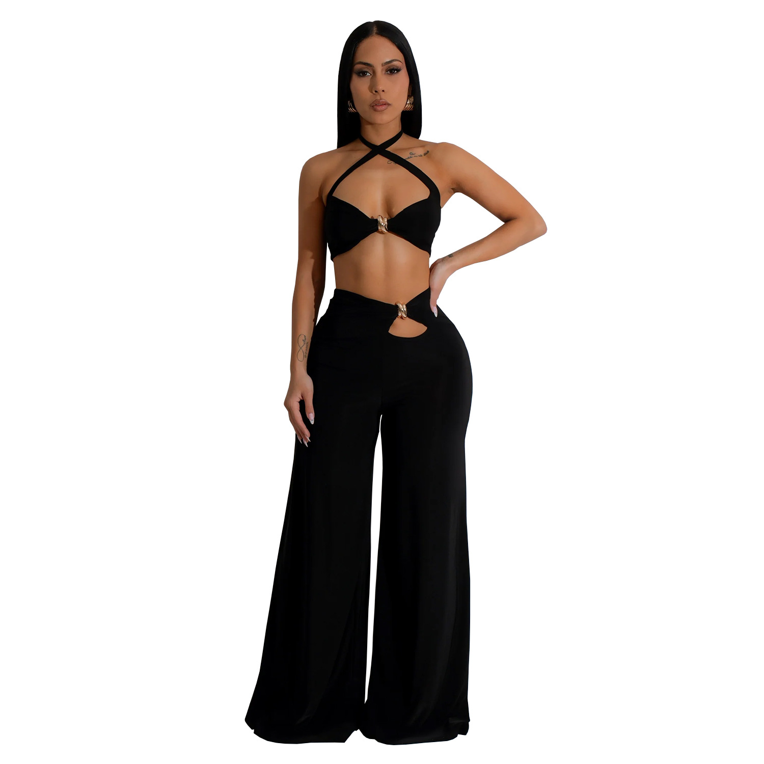 C7236 Aliexpress transfronterizo Amazon Europa y América ropa de moda de mujer de color sólido sexy pantalones de pecho de dos piezas nuevos