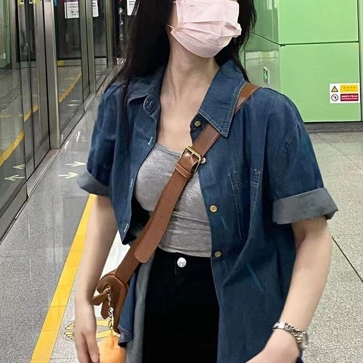 Denim Short-Sleeve Shirt for Women, Summer Thin Style 2026, Loose Design, Niche Retro Hong Kong Style Half-Sleeve Top Jacket Denim Short-Sleeve Shirt for Women, Summer Thin Style 2026, Loose Design, Niche Retro Hong Kong Style Half-Sleeve Top Jacket