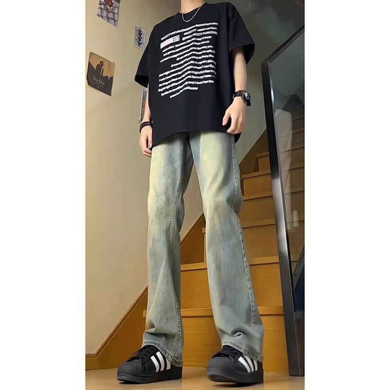 Vintage blue jeans for men, spring and autumn casual pants, American-style micro-flared pants, straight-leg pants, versatile high-street washed jeans