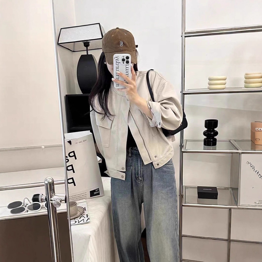 Women's Leather Jacket Hong Kong Style Short 2025 Spring and Autumn Fashion Stand Collar Commuter Casual Top Trendy Biker Jacket