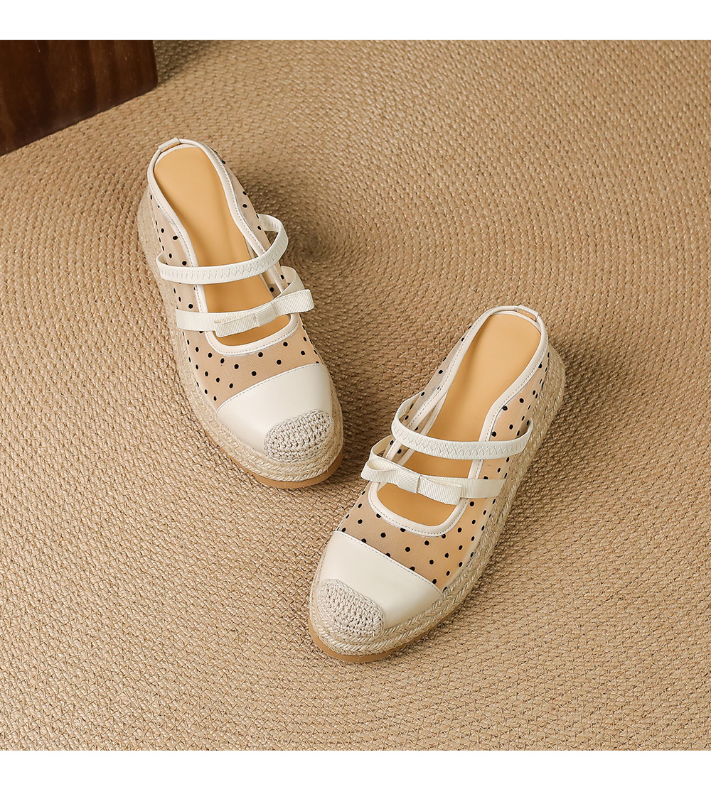 Mule nữ mũi nhọn bít đế xuồng cao gót 5 cm phong cách boho — màu trắng ngà, Chấm bi trắng kem chi tiết 15
