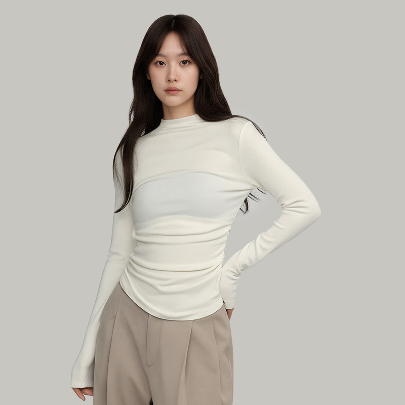 Teeshe Women's Knitted Base Layer Half-Turtleneck Top with Blended Fabric, Slimming Basic Long-Sleeve T-Shirt for Autumn and Winter