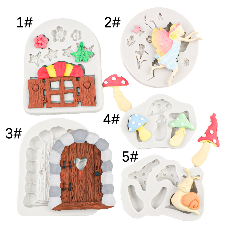 Pequeña flor hada estilo pastoral forma de hongo silicona fondant dibujos animados puerta de madera molde de pastel pastel decoración de chocolate epoxi