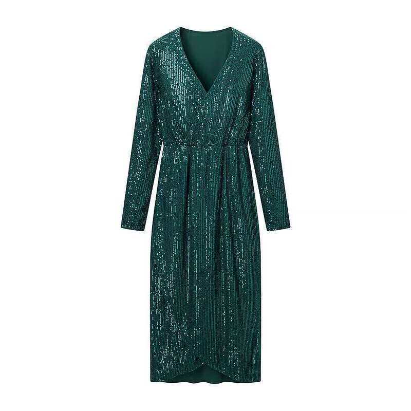 Cross-Border European and American Foreign Trade Women's Clothing, Aliexpress Hot-Selling Autumn Fashion V-Neck Elegant Long Sequin Dress