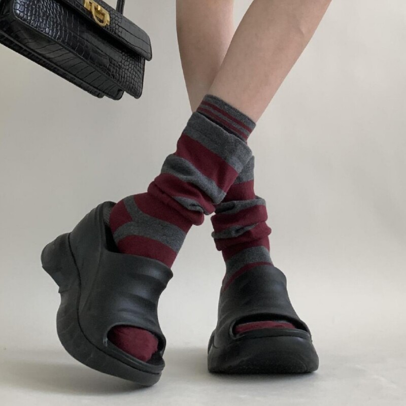 Women's Mid-Calf Socks with Double-Layer Splicing, Slimming, Stylish Flared Cuffs, Combed Cotton Slouch Socks, Niche Striped Trendy Socks