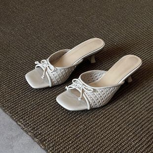 Vacation Style Woven Hollow Sandals, Versatile Bow-Knot, Versatile Flip-Flops, Open-Toe Square-Toe High Heels, Summer