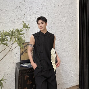 Summer New Chinese Style Three-dimensional Pleated Buckle Vertical Collar Sleeveless Vest Retro Zen Leisure 6820095