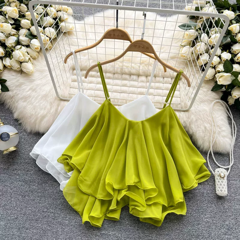 Off-shoulder Ruffled Chiffon Blouse, Double-Layer Sleeveless, 2022 Summer, One Size
