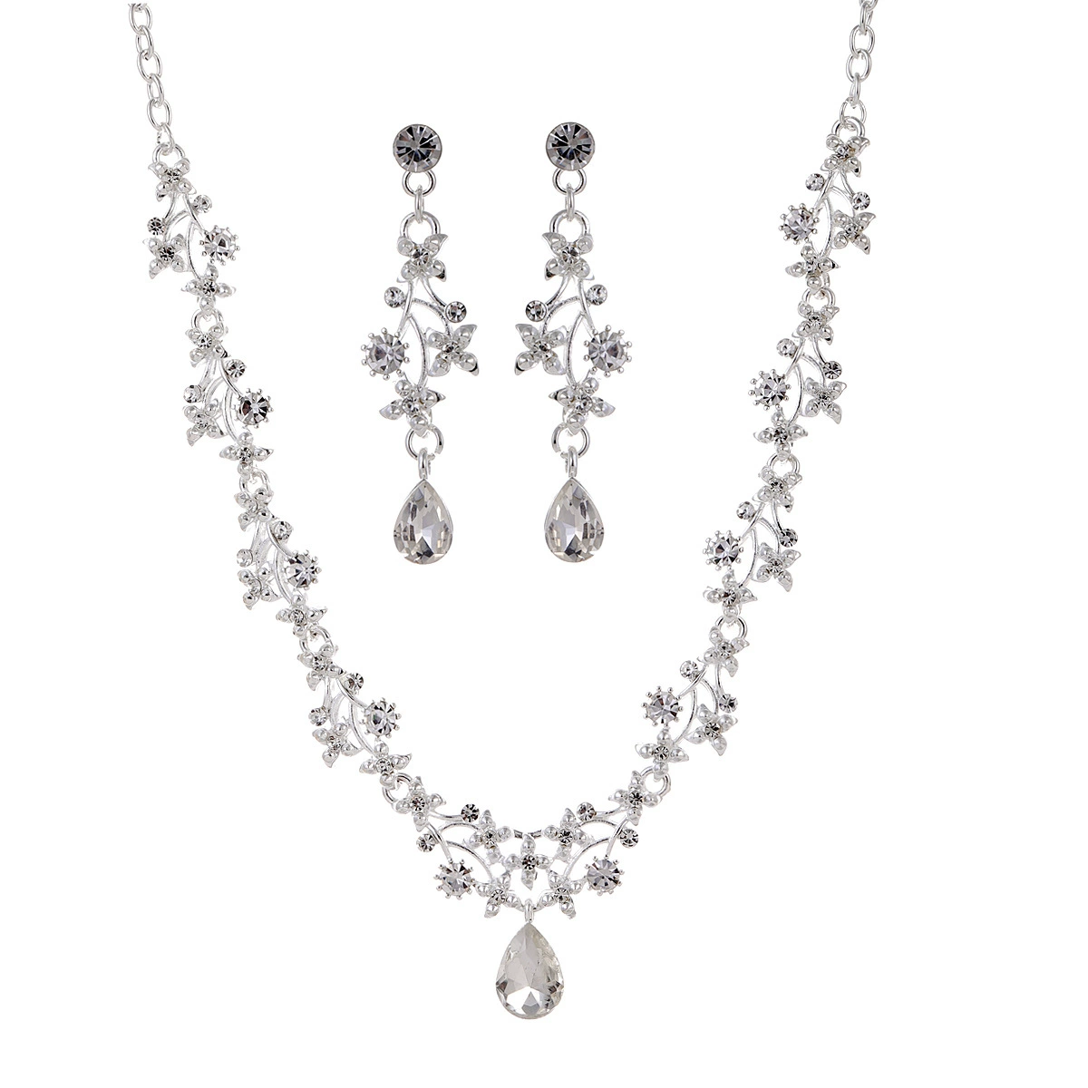 Fashionable earrings, necklace, chain, set for bride, accessory, European style, 2 piece set, wholesale