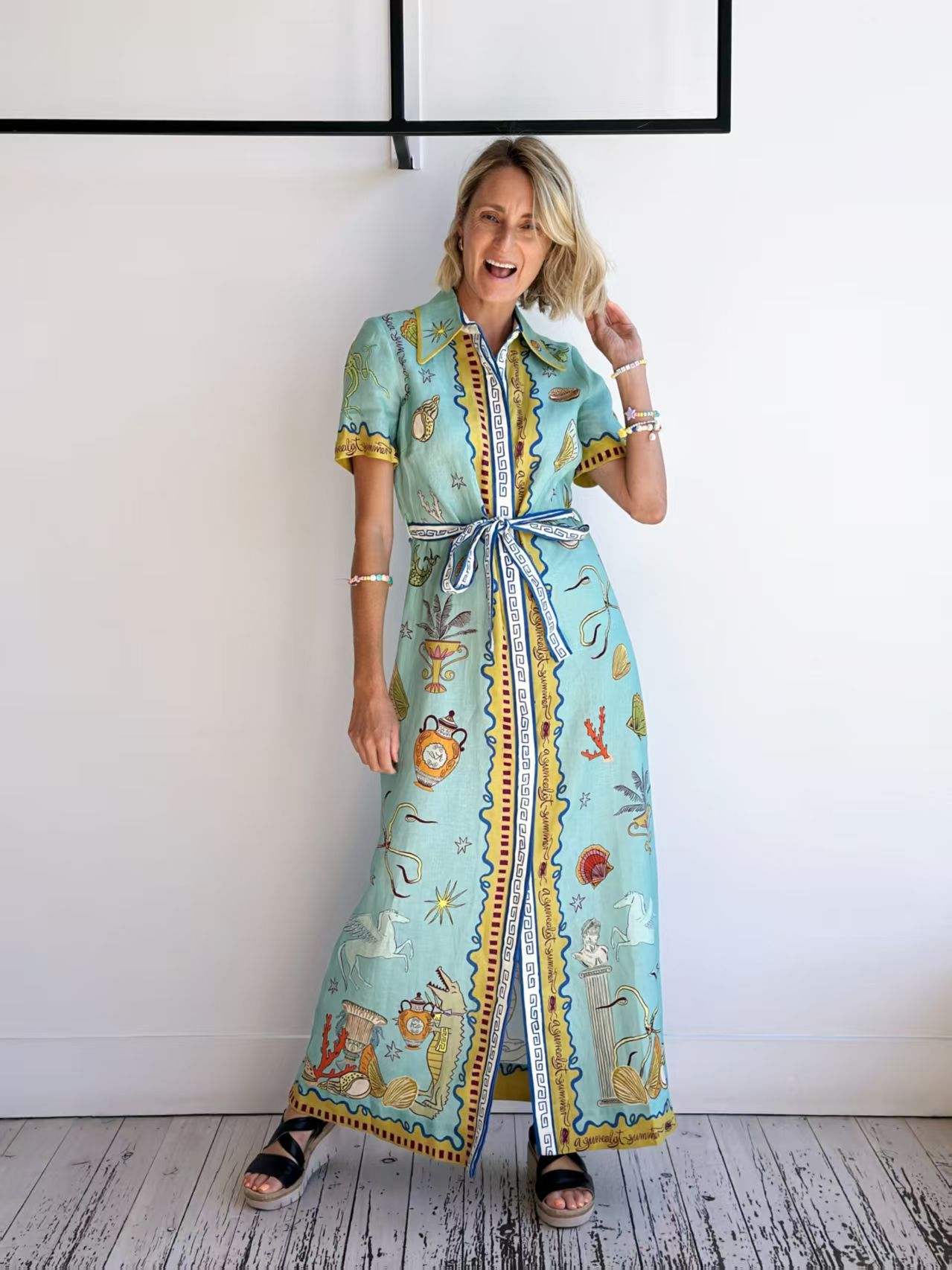 Regular Sleeve Sleeve Type Linen, Polyester, Hemp Fabric Type Mid Waist Waist Line Holiday, Selfie Occasion Wholesale Women's Elegant Marine Style Streetwear Graffiti Holiday Selfie Turndown Short Sleeve A- Line Skirt