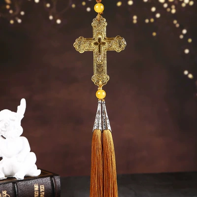 cross car pendant: Car hanging - gold-cross-tassel-style