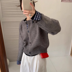 2025韩系圆领拼接假两件毛衣女秋冬新款洋气外穿针织开衫外穿上衣