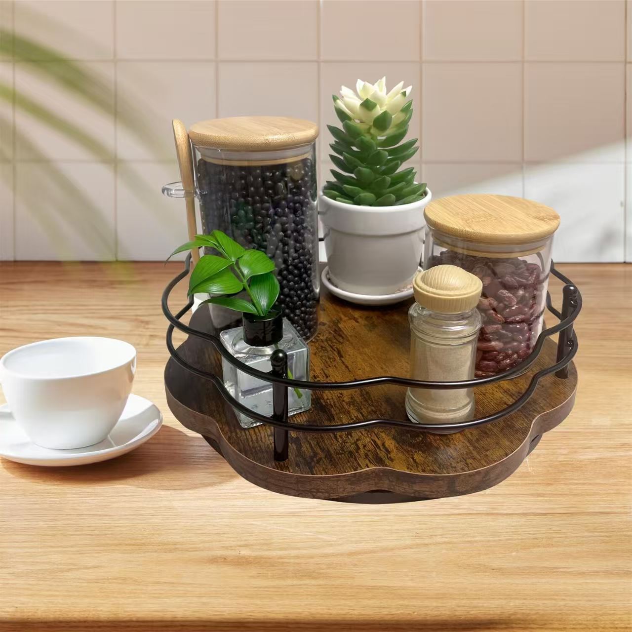 Lazy person installation-free rotating cosmetic condiment storage rack multi-functional desktop wooden fruit turntable storage rack