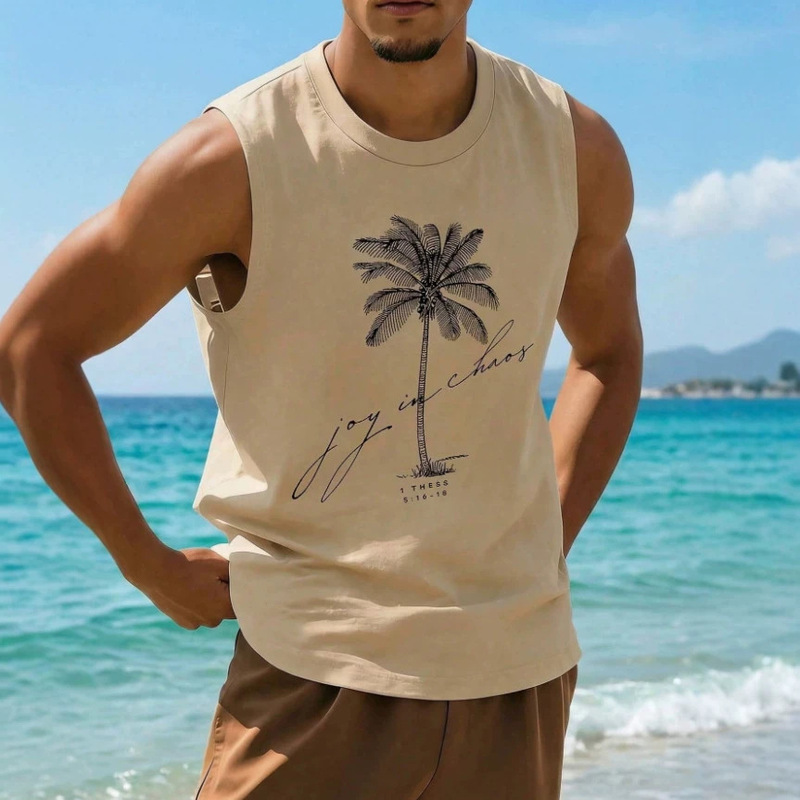 Amazon Summer Cross-Border Men's Beach Vacation Coconut Tree Print Vest Loose Simple Sports Sleeveless Top