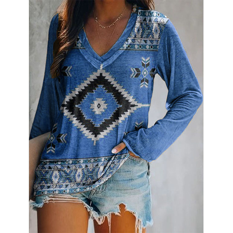 Ethnic Style Positioning Print V-Neck Long-Sleeved T-Shirt NSLZ85502