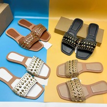 ladies flats shoes西班牙欧美外贸zar经典铆钉一字型平底女拖鞋