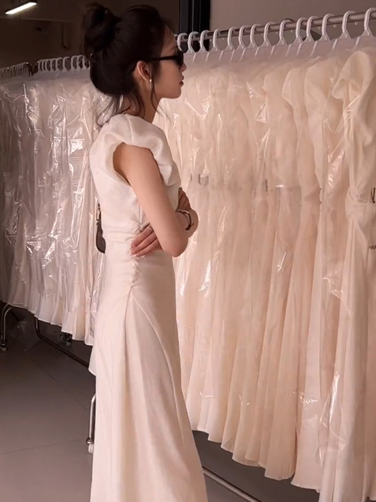 Đầm maxi nữ thắt eo tay ngắn phong cách Hepburn Pháp — Màu trắng