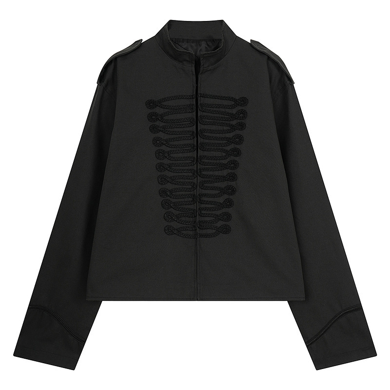 Black stand-up collar court-style military short coat with epaulettes, buttoned embroidery, unique vintage design, trendy women's cardigan Black stand-up collar court-style military short coat with epaulettes, buttoned embroidery, unique vintage design, trendy women's cardigan