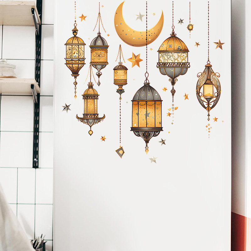 Cross-Border Middle Eastern Festival Party Decoration Wall Stickers Pvc Self-Adhesive Stars and Moon Lanterns Bedroom Home Window Stickers Decals