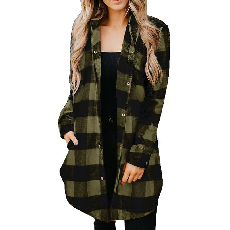 Shiying camisa abrigo de mujer Otoño e Invierno Nueva cardigan de manga larga solapa botón a presión de las mujeres Camisa de cuadros europeos y americanos