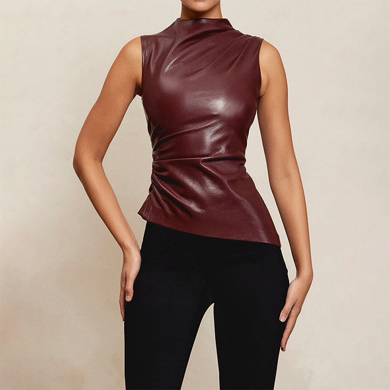 Sleeveless Leather Vest Amazon European and American Style Women's Leather Stand Collar Personalized Waist Irregular Hem Sleeveless Top