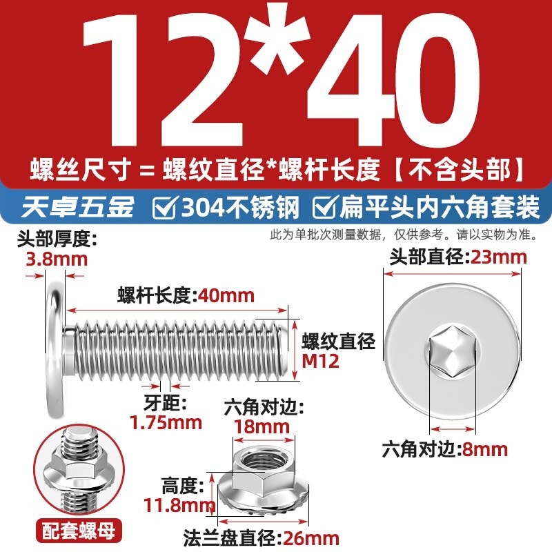 304不锈钢CM大平头超薄头C头扁平头内六角螺丝钉法兰边螺母套装M5|undefined