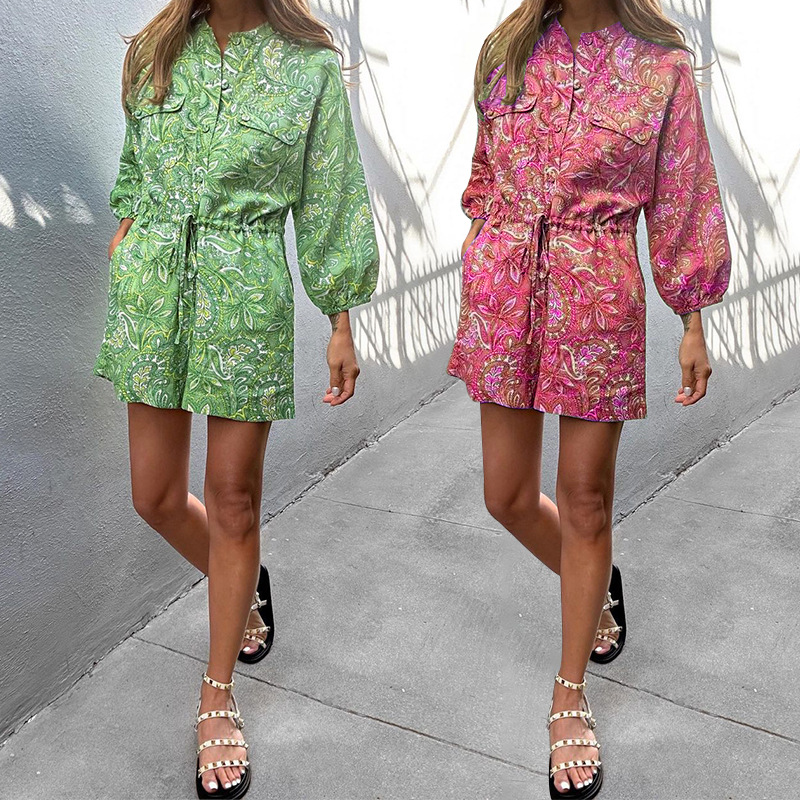 FD1194 en stock 2023 primavera nueva moda transfronteriza impresa collar impreso camisa de cordón Mono para las mujeres