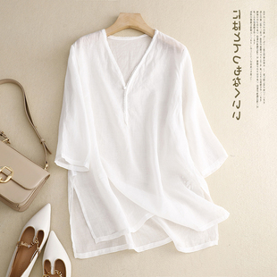 Retro Embroidered Cotton and Linen Three-quarter SleeVe Shirt Plus Size Women's Lace Splicing V Neck Mid-length Versatile Slit Top