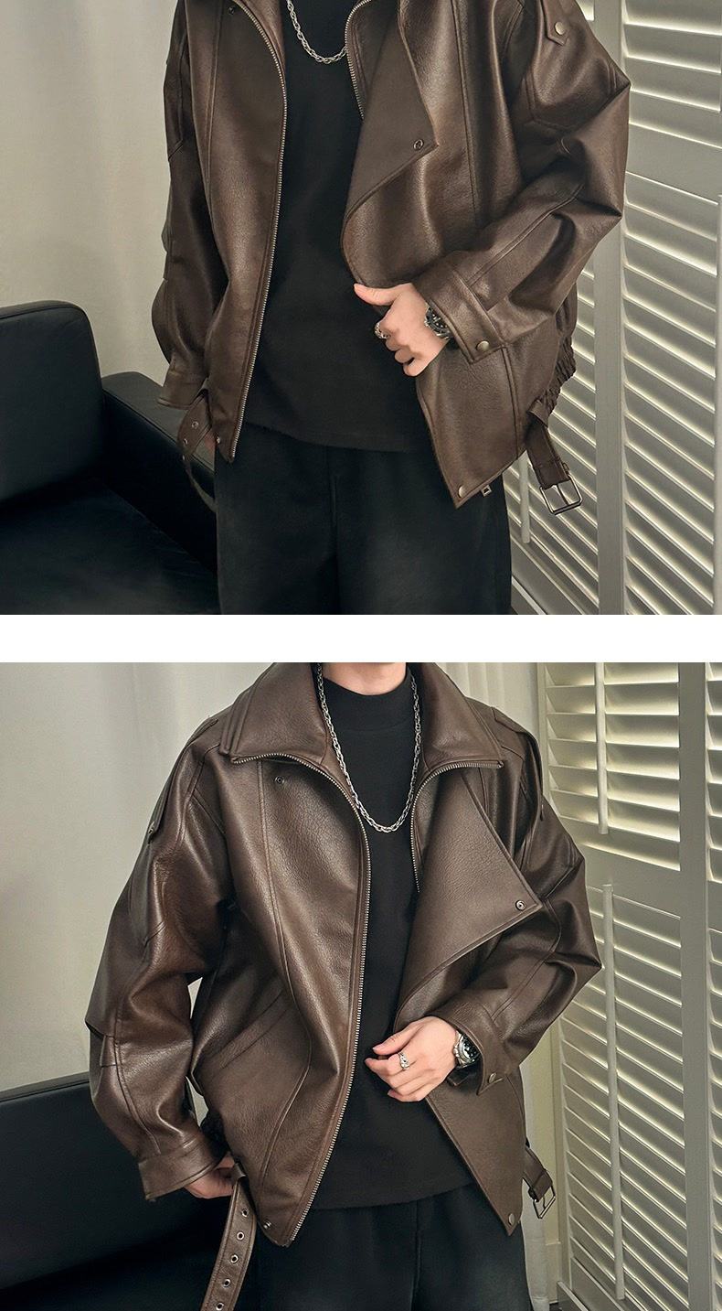 Men's Leather Jacket With Shoulder Pads And Lapel High-end Style_voghion.com