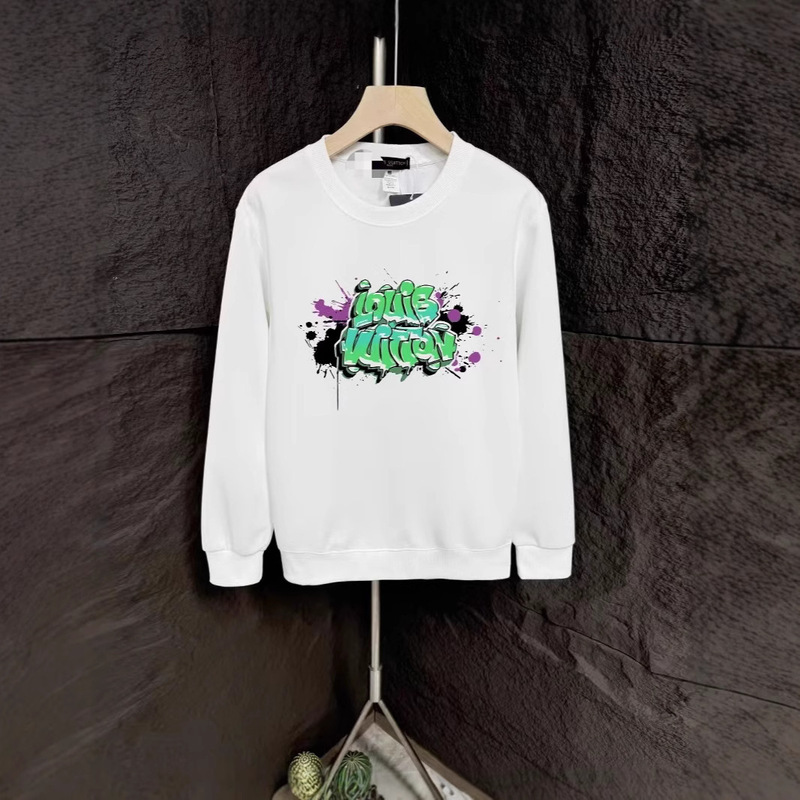 Men's 2025 New Lv Cotton Crewneck Sweatshirt Trendy Brand Customizable Printed Letters Graffiti Artistic Retro