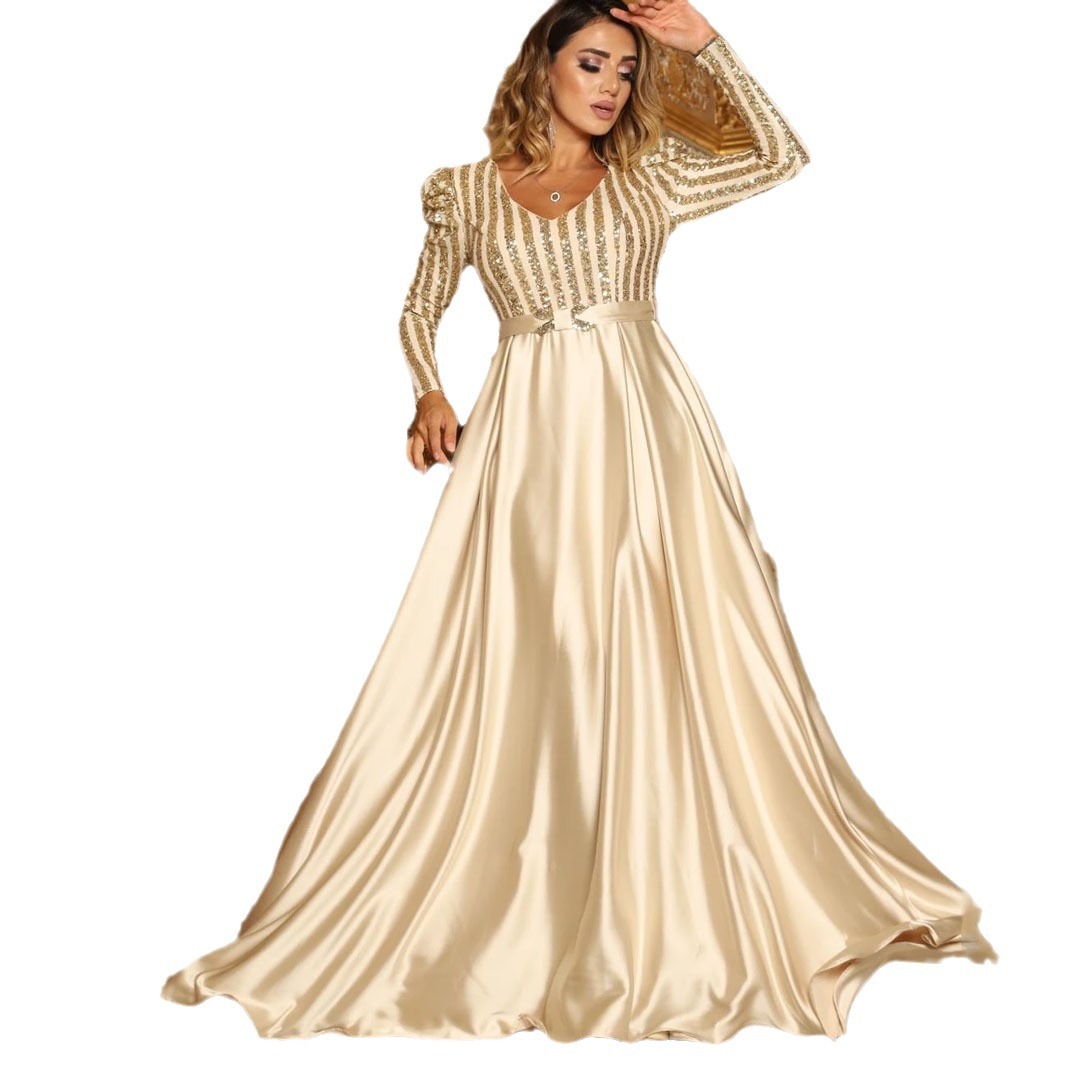 Vestido largo de fiesta con cola, estilo europeo y americano, de moda para mujer, con escote pronunciado en V, para la primavera transfronteriza de 2025.