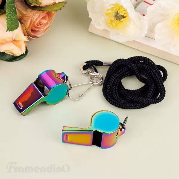 Wholesale Colorful Metal Whistles with Electroplated Stainless Steel Edges and Rope for Outdoor Use