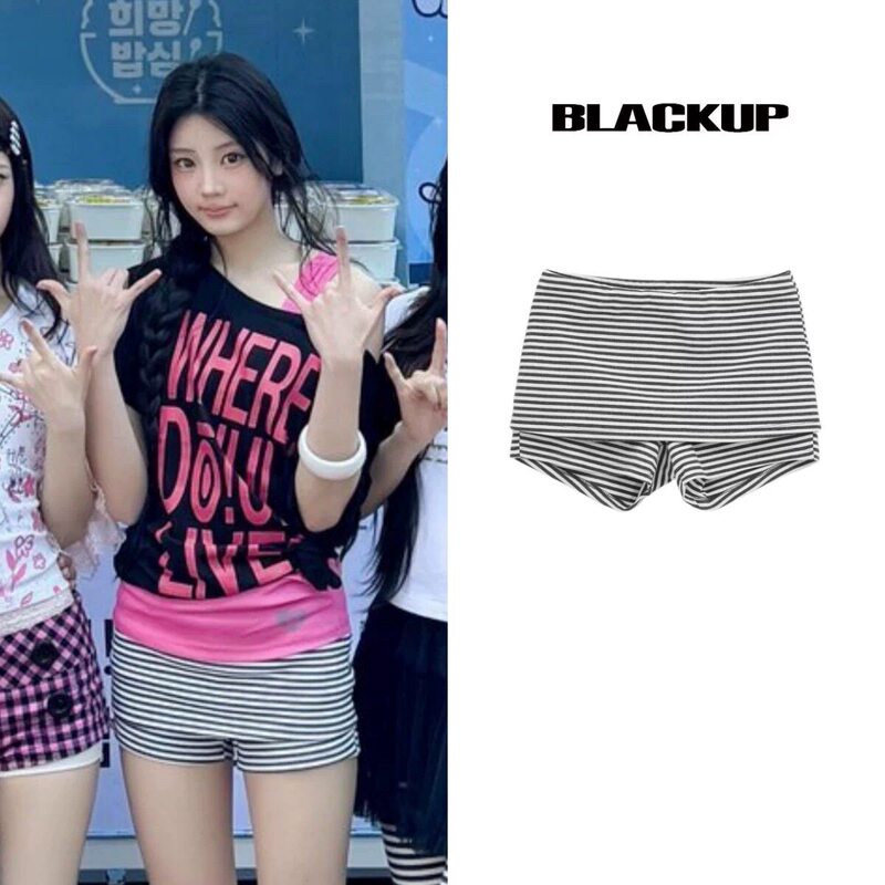 Li Yuanxi's same style BLACKUP Korean niche design casual striped layered skirt-pants shorts for women
