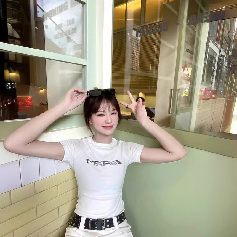 New liquid metal printed round neck short-sleeved T-shirt Women's American Retro hot girl slim-fit short pure style top