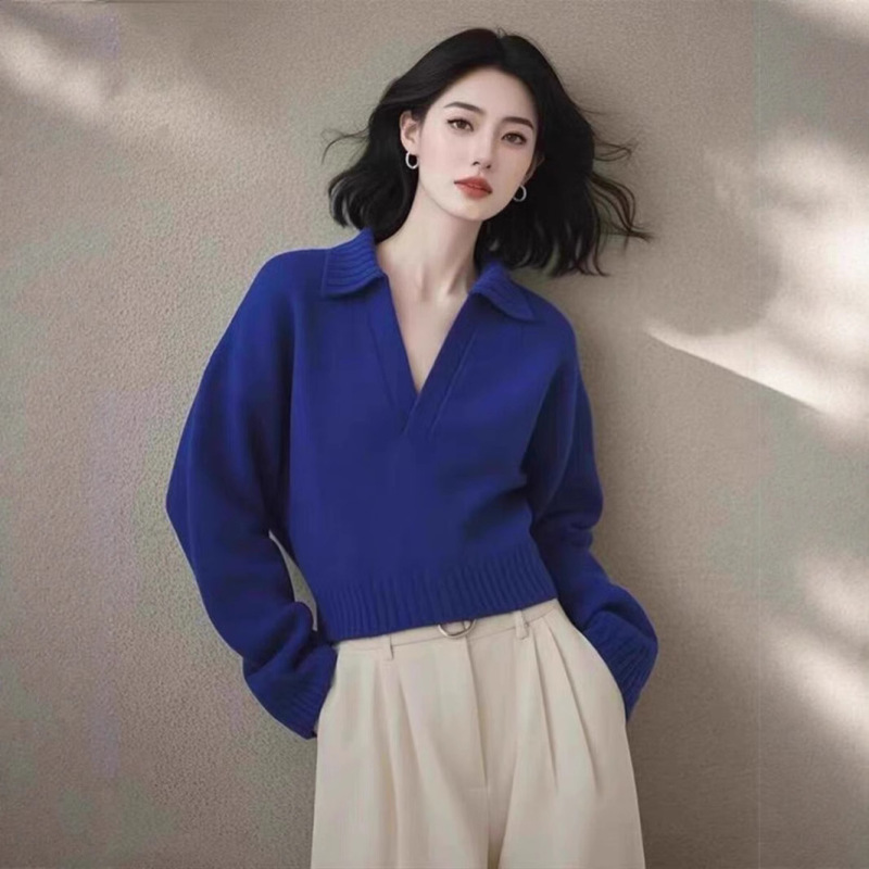 法式高级感半开领蓝色毛衣女新款时尚克莱因蓝上衣长袖针织衫|undefined