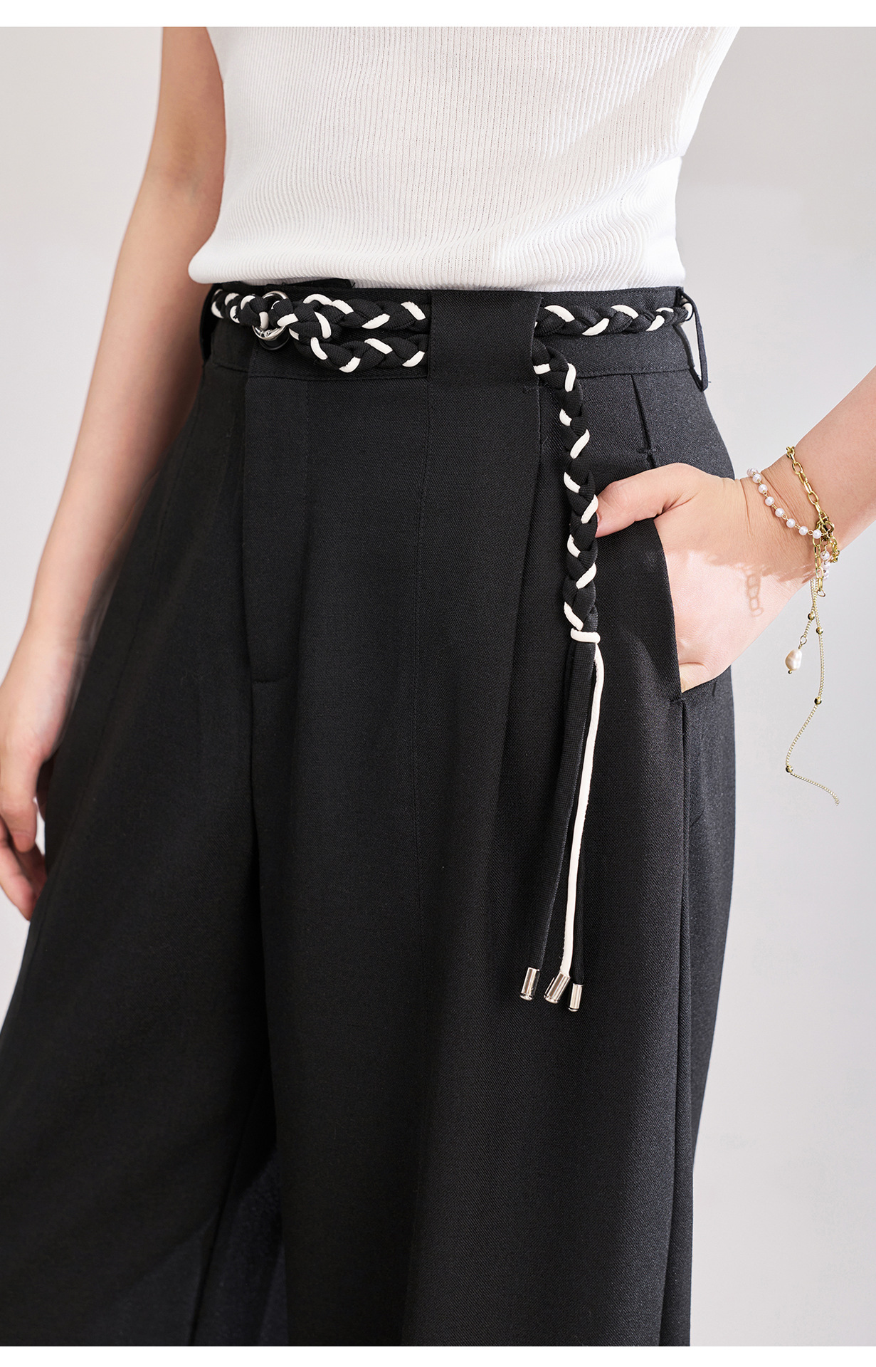 Quần culottes nữ ống rộng cạp cao kèm thắt lưng dệt bản to — màu đen chi tiết 18