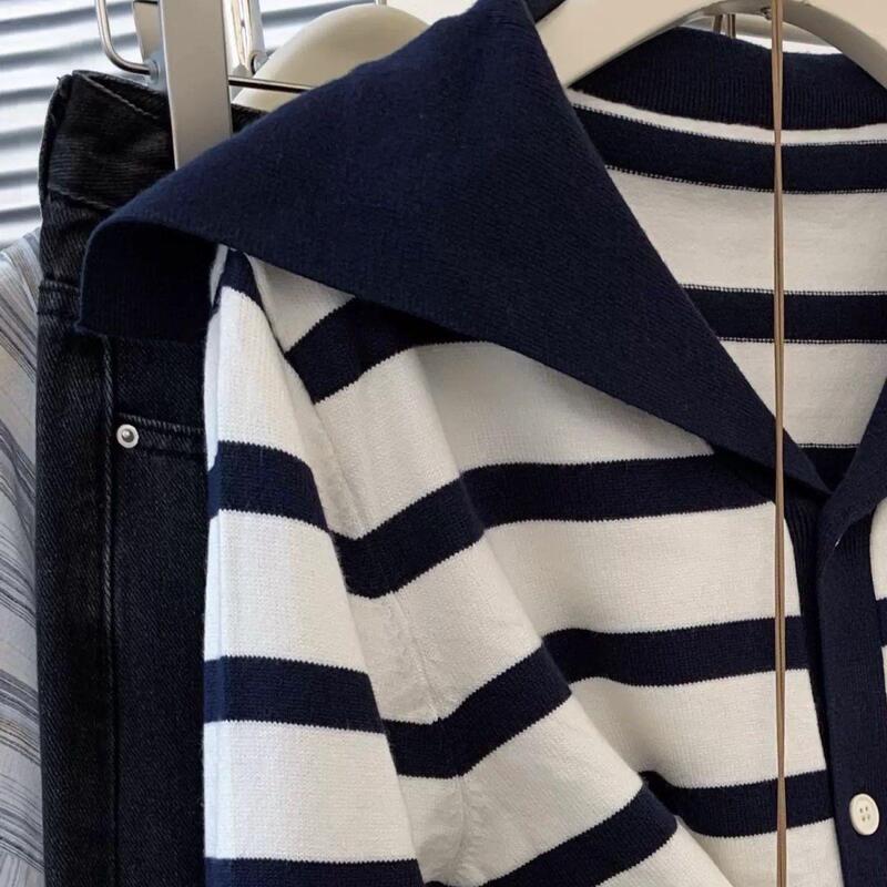 Navy collar loose striped cardigan knitted jacket, autumn stylish color-blocking, age-reducing and slimming top, blue stripes