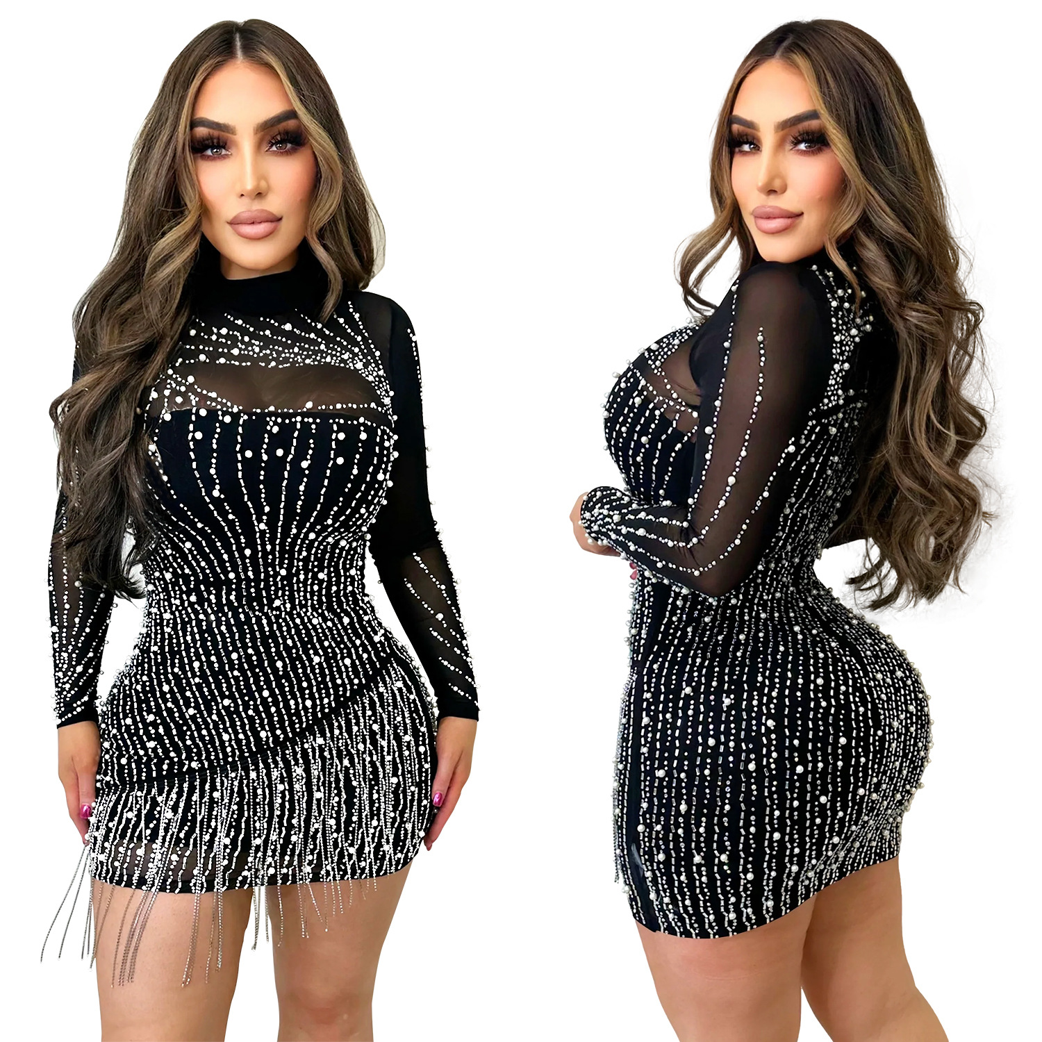 C6381 transfronterizo AliExpress Amazon moda europea y americana de las mujeres de manga larga de malla de perforación caliente de la burbuja del grano falda vestido