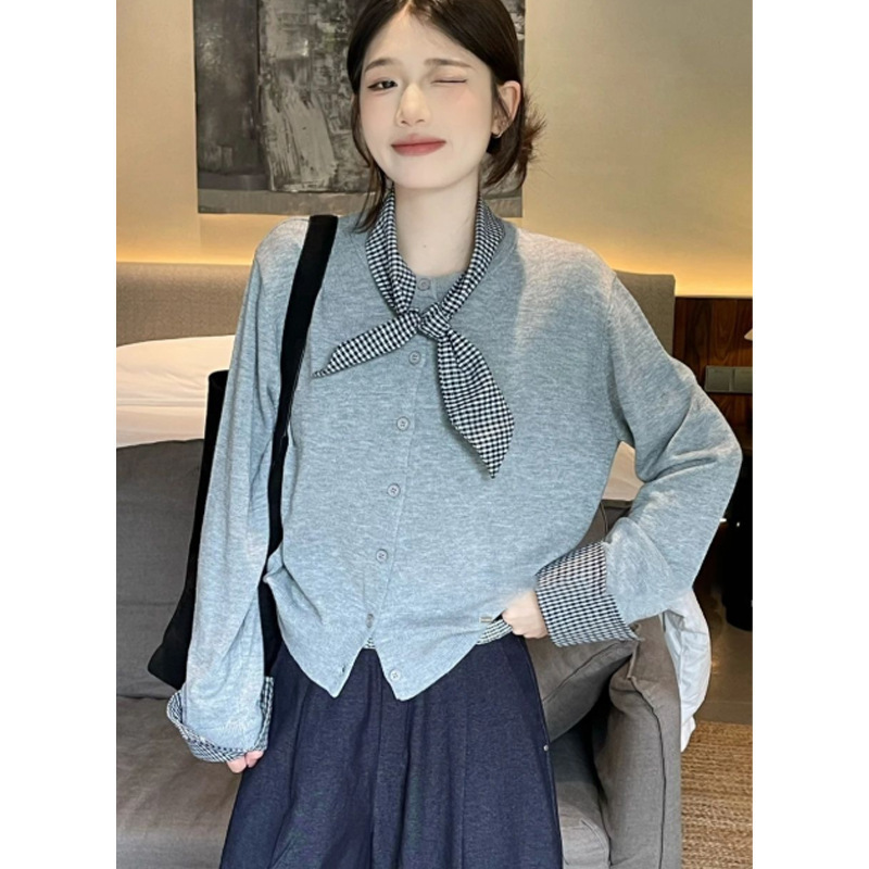 早秋新款假两件圆领毛衣外套女装2025韩系高级感气质针织开衫上衣|undefined