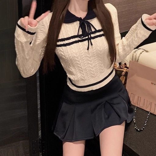 学院风Miu系气质麻花蝴蝶结针织衫女2025秋季新款慵懒休闲上衣|undefined