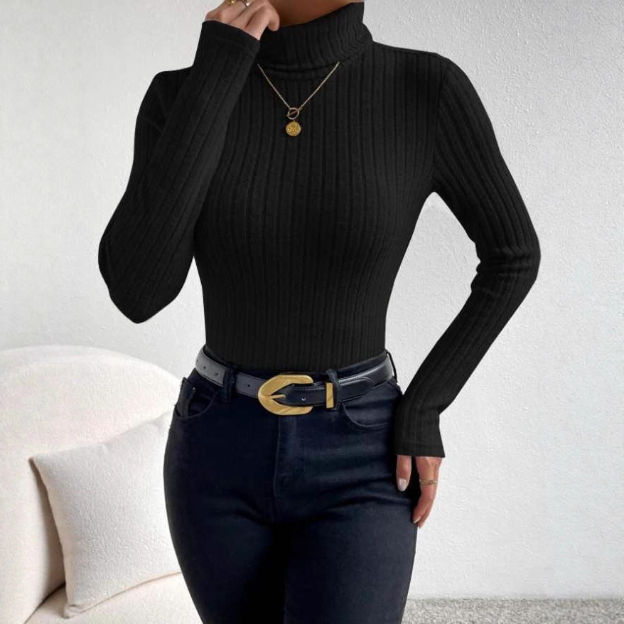 2025年秋冬新款亚马逊欧美跨境专供 高领长袖磨毛坑条针织T恤上衣