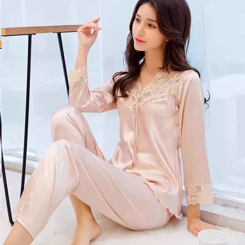 여성용 잠옷 여름 얼음 실크 투피스 양복 봄, 가을 레이스 섹시한 여성 긴팔 실크 새틴 홈웨어