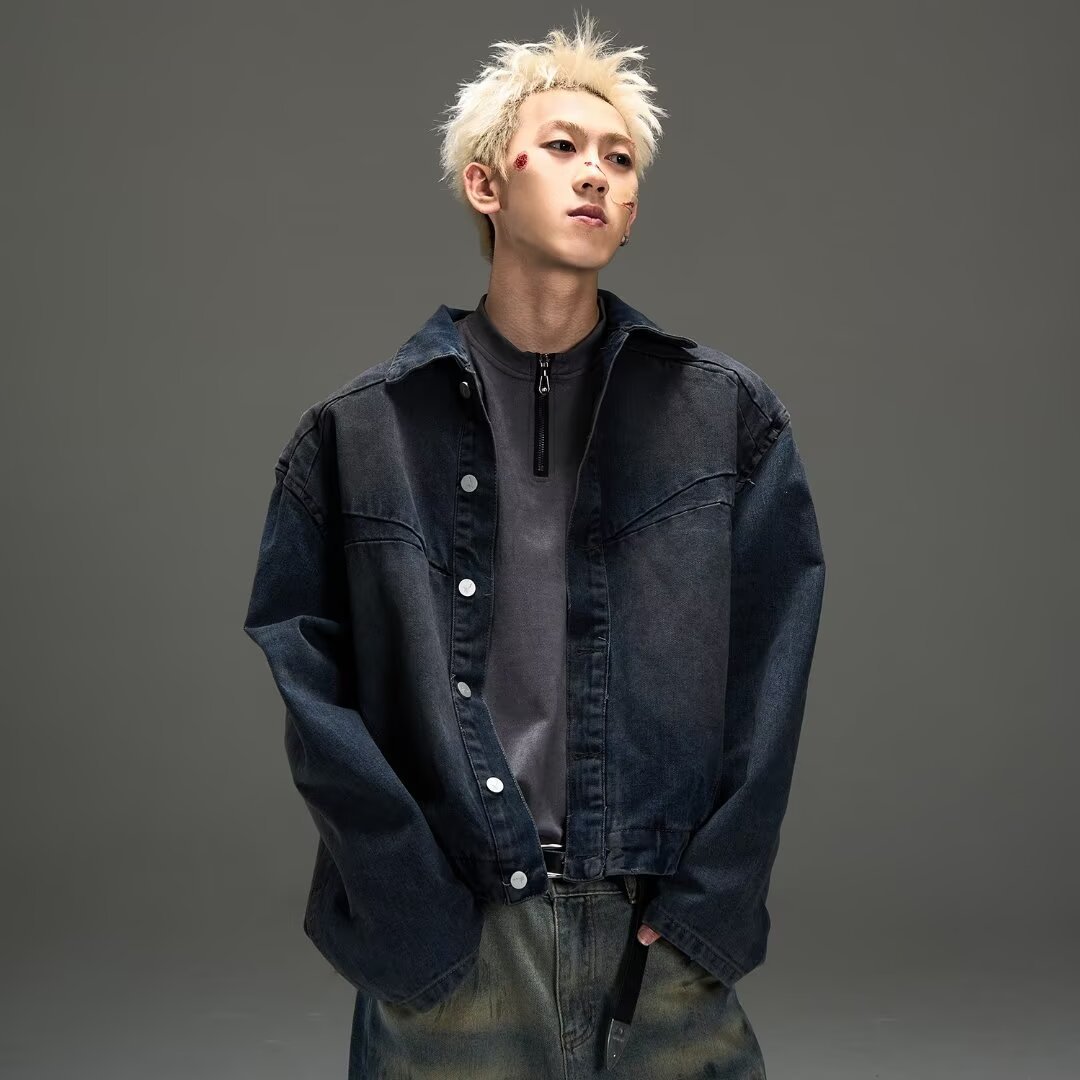 미국 스타일 레트로 더러운 염료 세척 짧은 오토바이 데님 재킷 트렌디 하이 스트리트 솔리드 컬러 블루 재킷