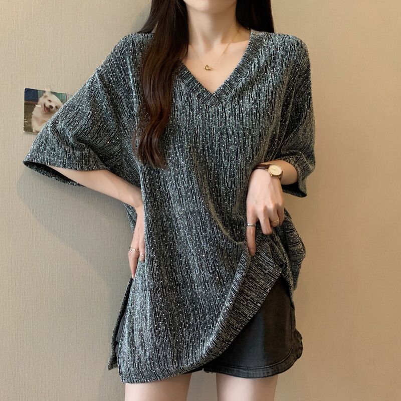 Plus-Size Stylish Slit V-Neck Short-Sleeve T-Shirt for Women, 2026 Summer New Style, Loose Fit, Slimming, Covers Body Fat, for Chubby Women