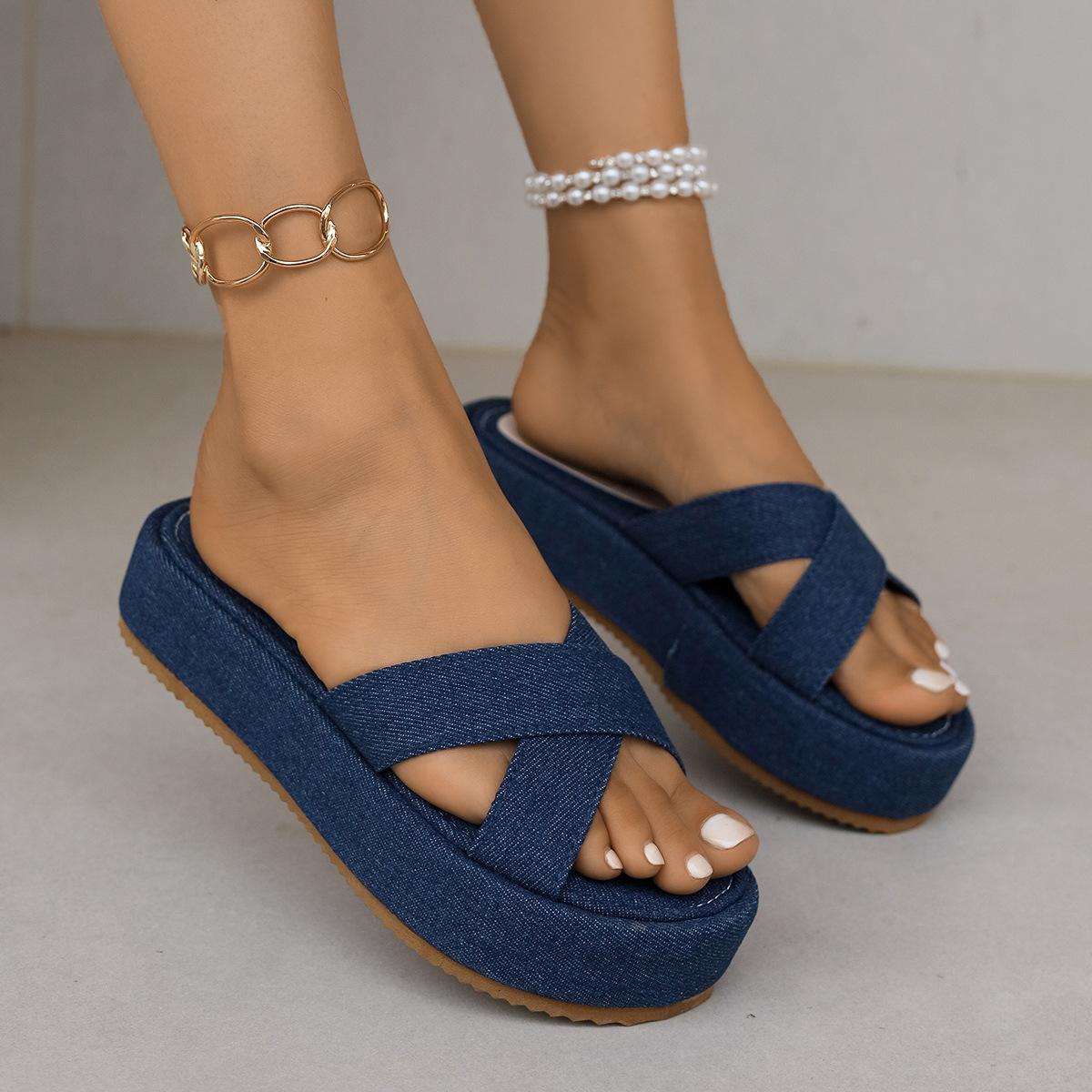 Women's Summer Platform Wedge Sandals plus Size Denim Cross Strap Footwear for Wide Feet_vogvips.com