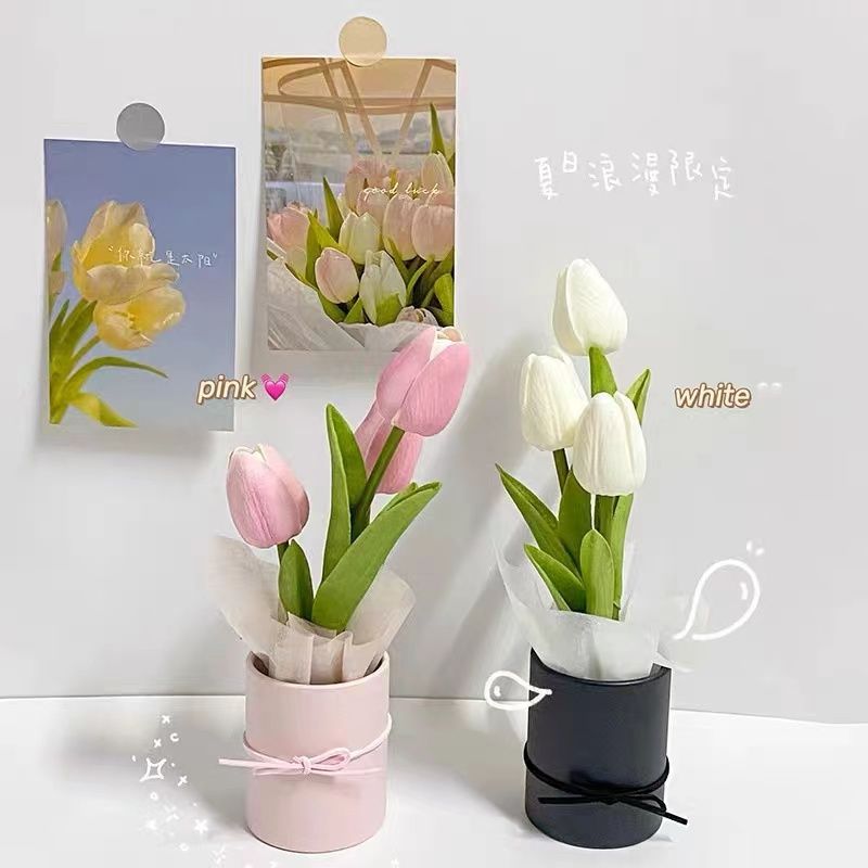Ramo de tulipán, pequeño cubo de flores, decoración de coche, decoración de la sala de estar, recuerdos, regalos de cumpleaños para novias, accesorios fotográficos