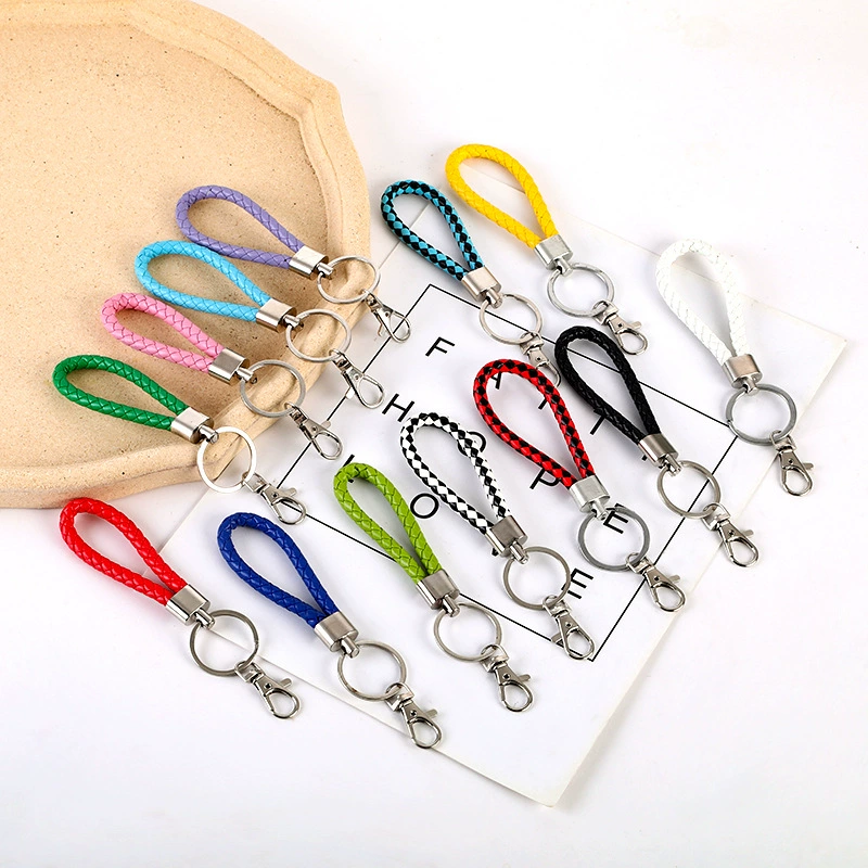 Keychain key ring, braided leather-style loop with metal hook, multicolor options