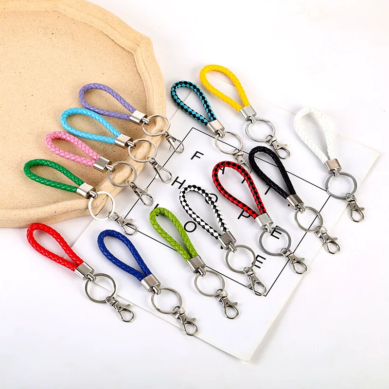 Keychain key ring, braided leather-style loop with metal hook, multicolor options