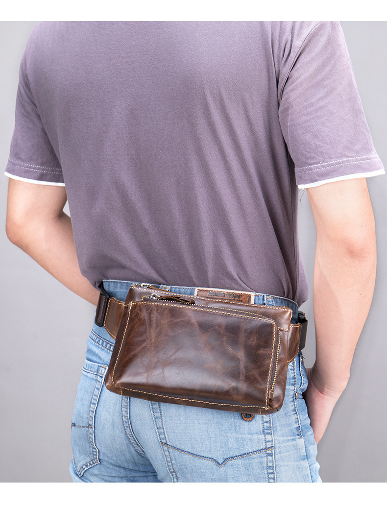 Túi đeo thắt lưng nam da bò retro sáp dầu phong cách Âu Mỹ chống trộm, đựng điện thoại và đồ cá nhân — Màu đen, Cà phê dầu chi tiết 10
